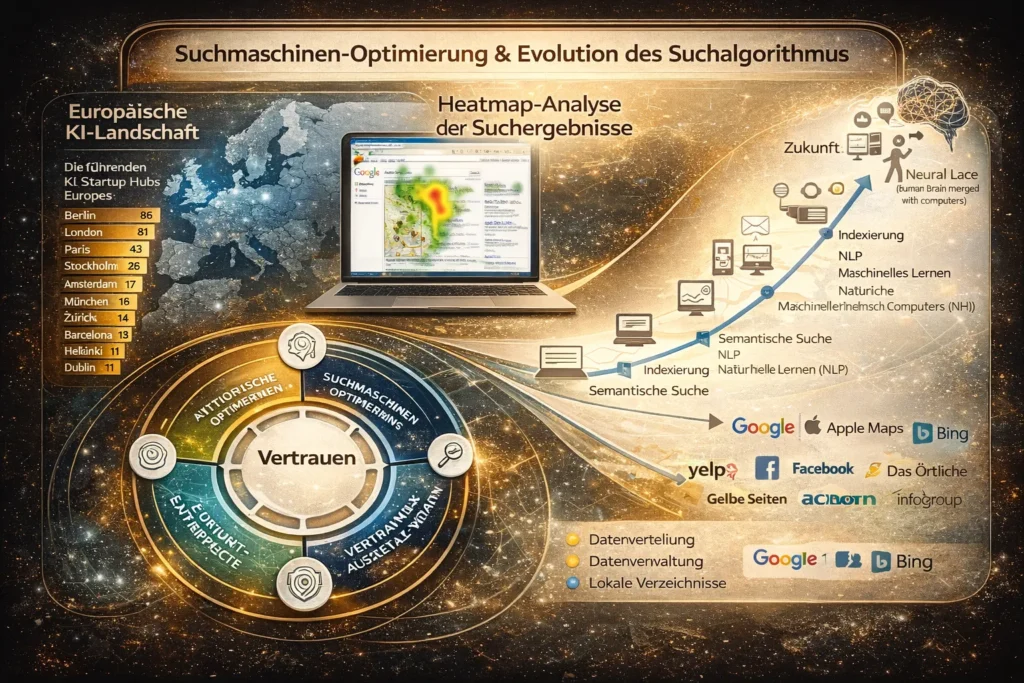 Infografik zur Suchmaschinen-Optimierung, zur Evolution von Suchalgorithmen und zur europäischen KI-Landschaft mit lokalem Suchökosystem