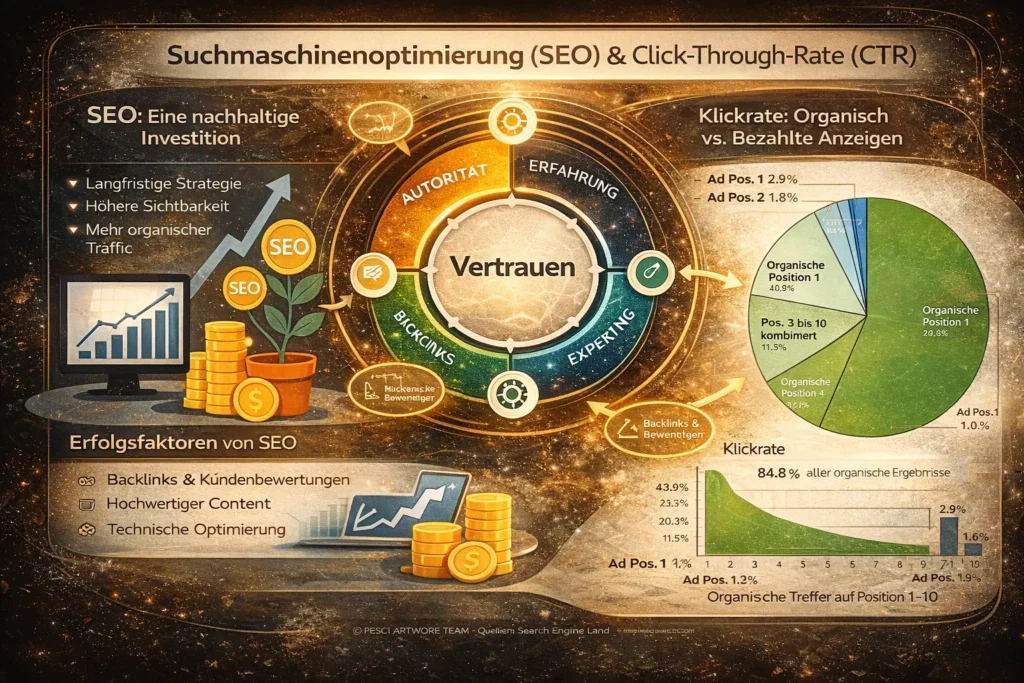 Infografik zu Suchmaschinenoptimierung (SEO), Click-Through-Rate (CTR) und Vertrauensfaktoren mit organischen und bezahlten Suchergebnissen