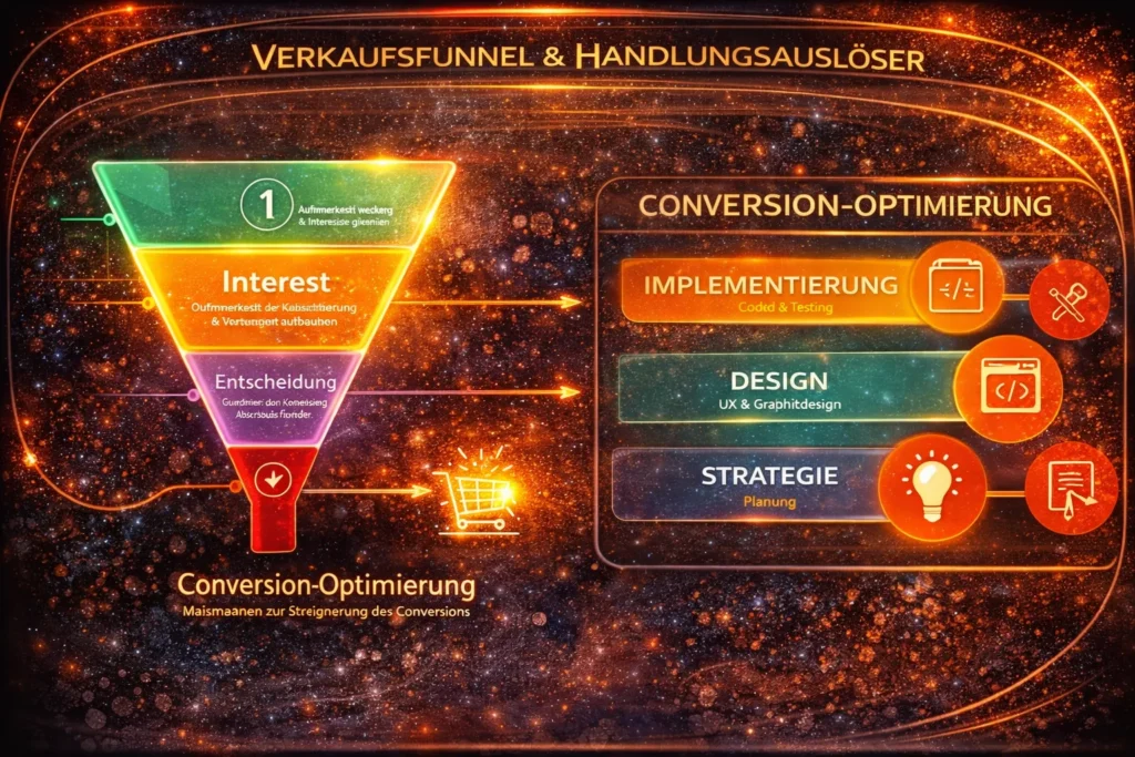 Darstellung eines Verkaufsfunnels mit Conversion-Optimierung durch strategische Planung, UX-Design und technische Implementierung
