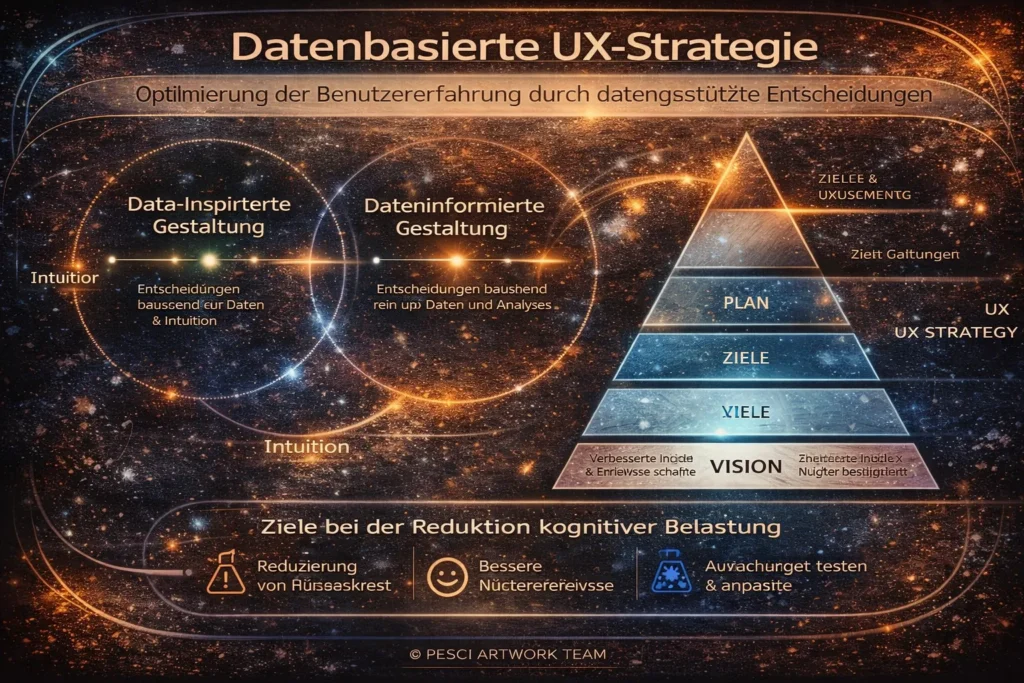 Darstellung einer datenbasierten UX-Strategie mit Fokus auf dateninformierte Entscheidungen, UX-Ziele und Nutzererfahrung