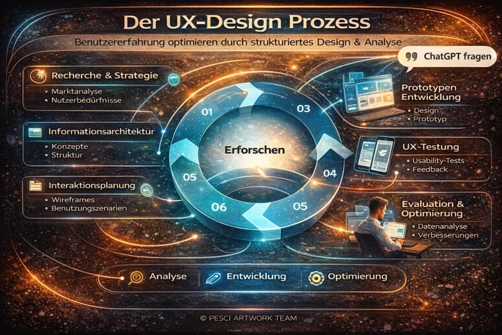 Infografik zum UX-Design-Prozess mit Research, Informationsarchitektur, Prototyping, UX-Testing und Optimierung