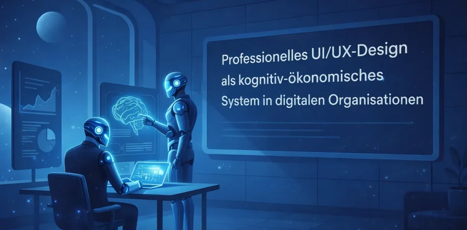 Darstellung von professionellem UI/UX-Design mit Künstlicher Intelligenz, kognitiver Analyse, Nutzerinteraktion und digitalen Interfaces in modernen Organisationen