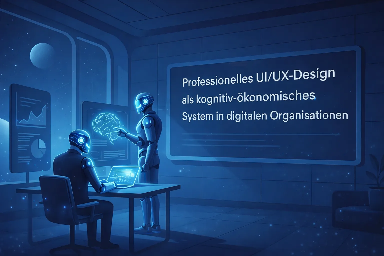 Darstellung von professionellem UI/UX-Design mit Künstlicher Intelligenz, kognitiver Analyse, Nutzerinteraktion und digitalen Interfaces in modernen Organisationen
