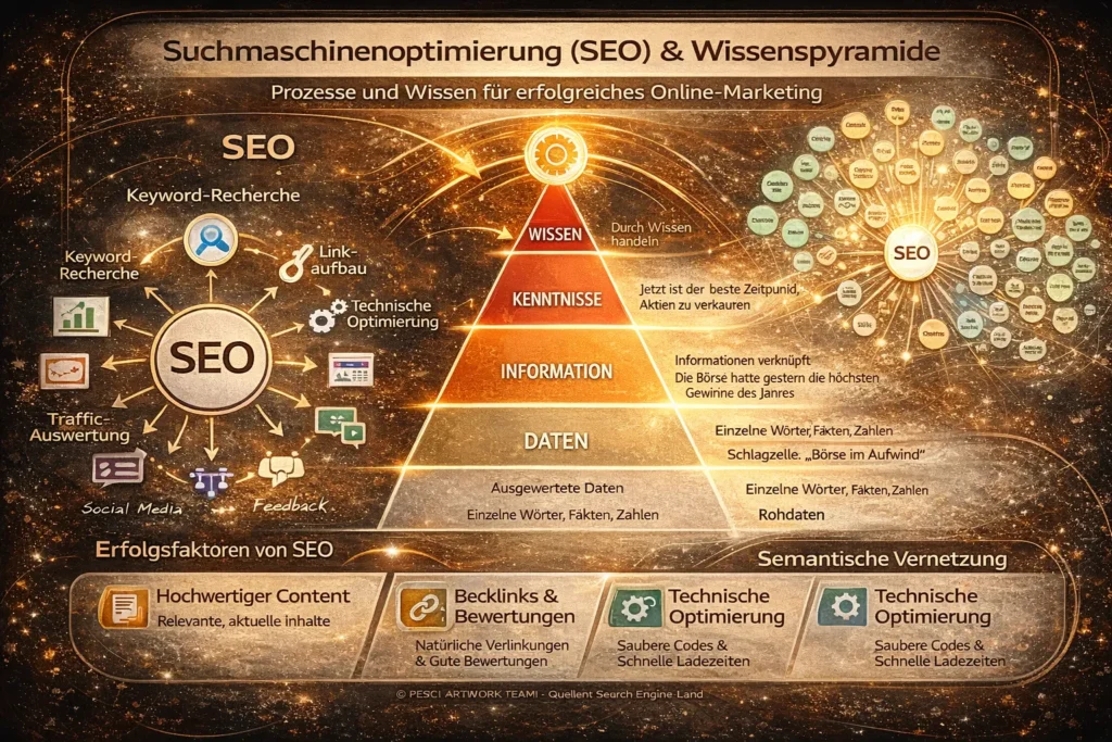 Darstellung der Suchmaschinenoptimierung mit Wissenspyramide, semantischer Vernetzung und zentralen Erfolgsfaktoren im Online-Marketing