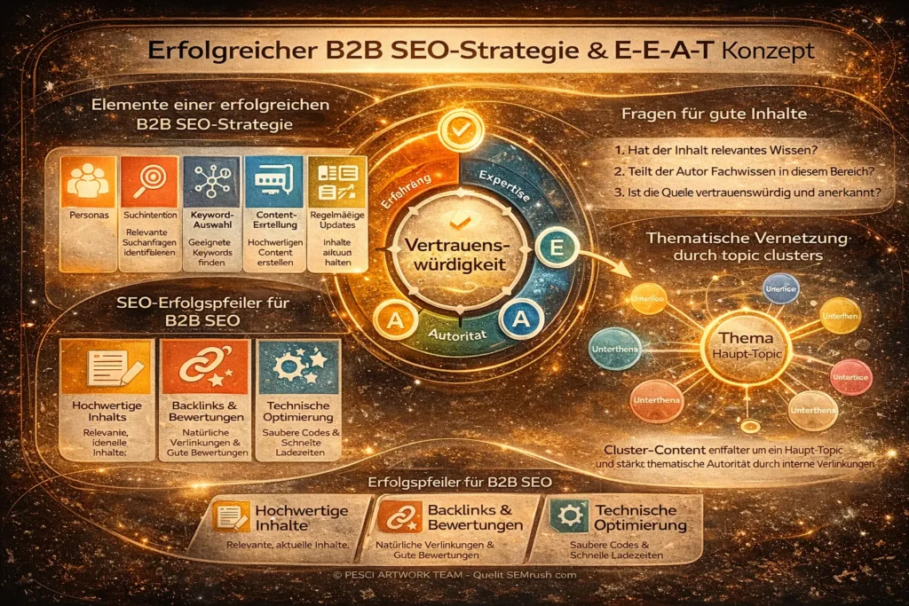 Darstellung einer erfolgreichen B2B-SEO-Strategie mit Fokus auf E-E-A-T, Vertrauenswürdigkeit, hochwertigen Inhalten und technischer Optimierung