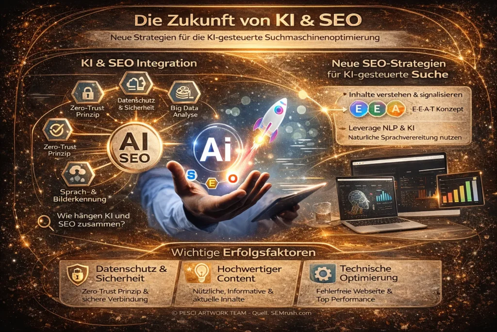 Darstellung der Zukunft von KI und SEO mit Integration künstlicher Intelligenz, E-E-A-T-Konzept und modernen SEO-Strategien