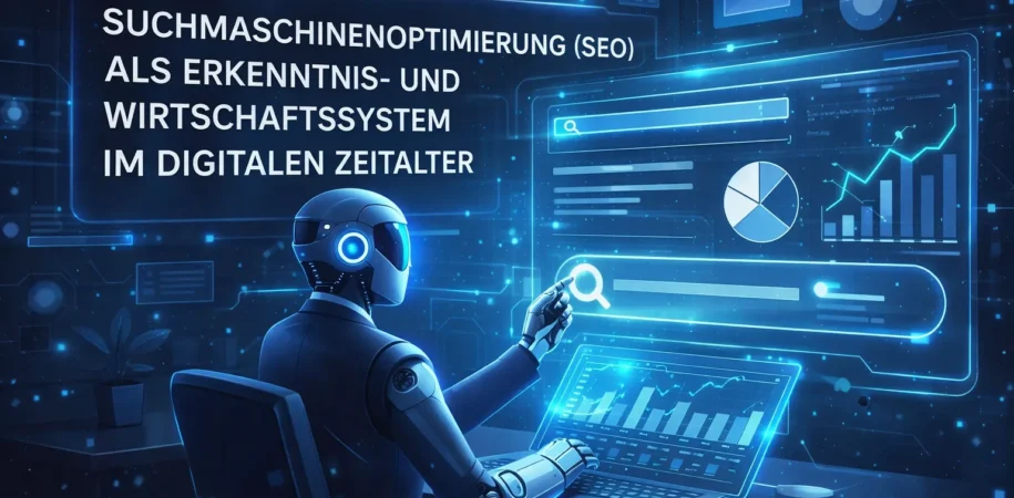 Visualisierung von Suchmaschinenoptimierung (SEO) mit Künstlicher Intelligenz, Datenanalyse, Diagrammen und digitalen Dashboards im digitalen Zeitalter