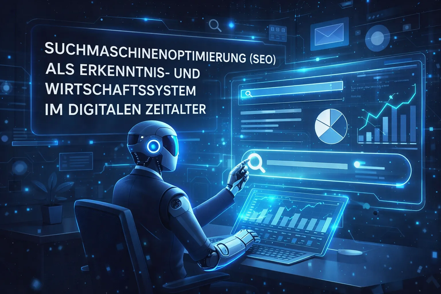 Visualisierung von Suchmaschinenoptimierung (SEO) mit Künstlicher Intelligenz, Datenanalyse, Diagrammen und digitalen Dashboards im digitalen Zeitalter