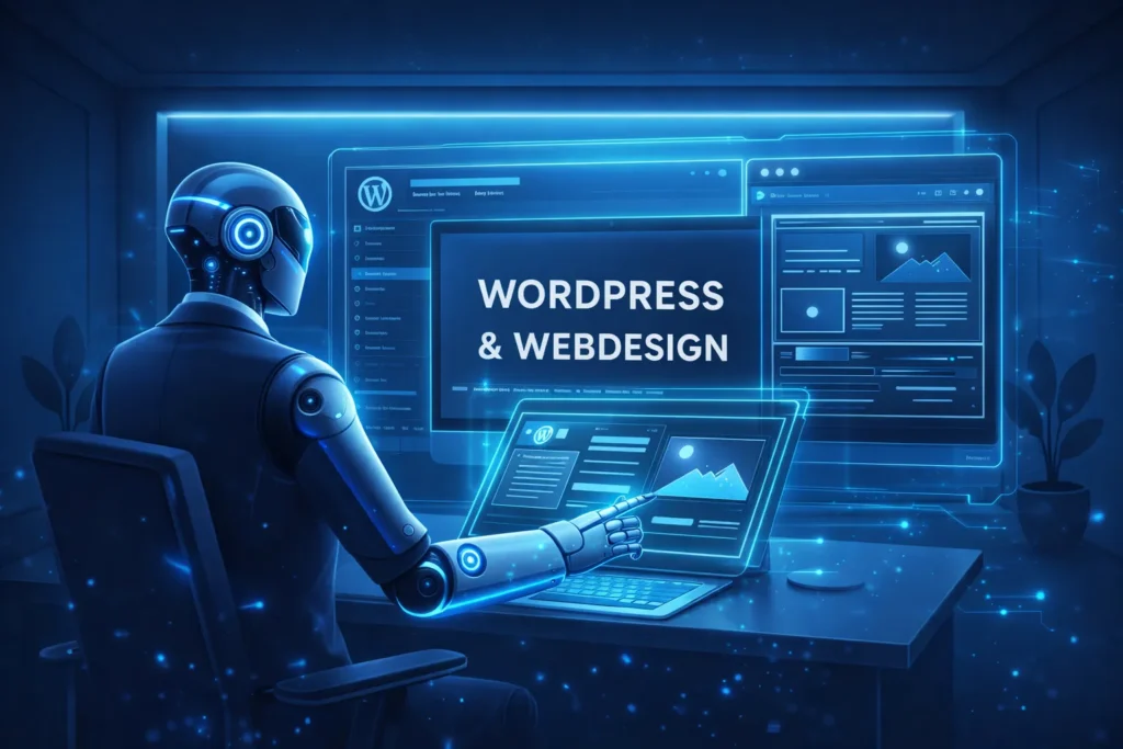Darstellung von WordPress- und Webdesign mit Künstlicher Intelligenz, modernes Dashboard, Benutzeroberfläche und digitale Analyse in futuristischer Arbeitsumgebung