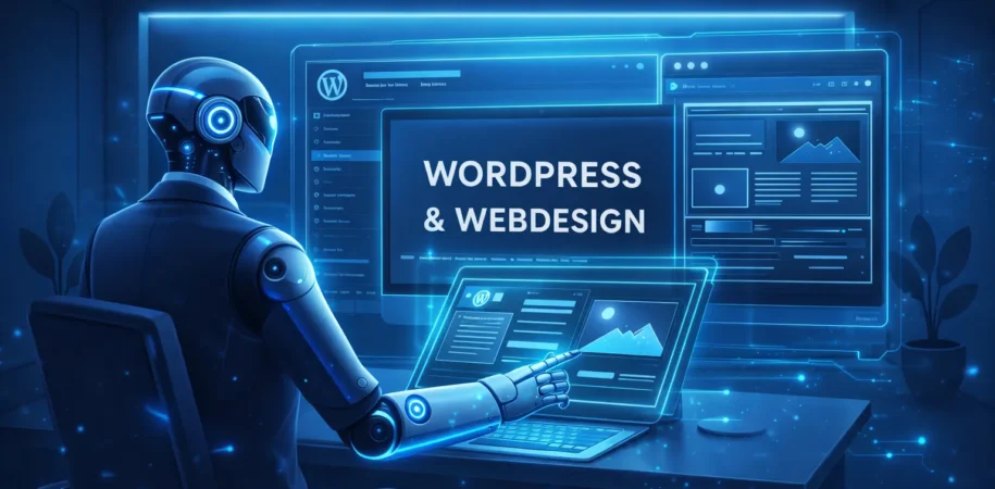 Darstellung von WordPress- und Webdesign mit Künstlicher Intelligenz, modernes Dashboard, Benutzeroberfläche und digitale Analyse in futuristischer Arbeitsumgebung