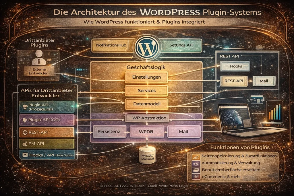Darstellung der Architektur des WordPress Plugin-Systems mit Drittanbieter-Plugins, APIs, Hooks und Datenbankanbindung
