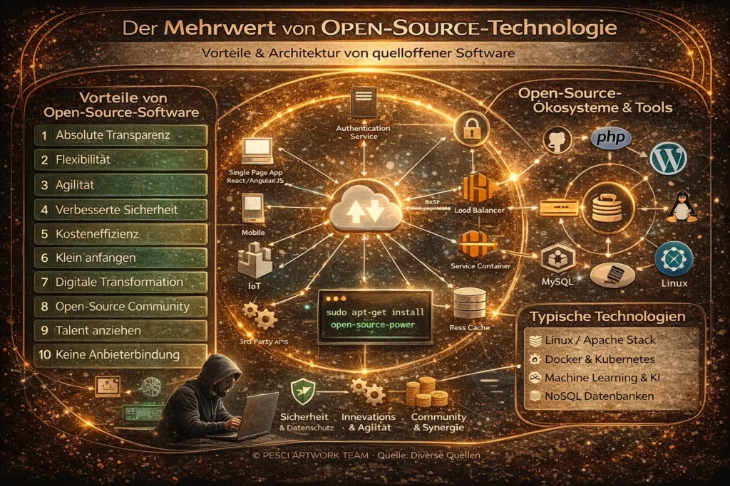 Darstellung der Vorteile und Architektur von Open-Source-Software mit Open-Source-Ökosystemen, Sicherheit und technologischer Flexibilität