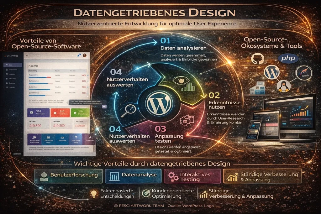 Darstellung eines datengesteuerten Designprozesses mit Analyse des Nutzerverhaltens, User Experience Optimierung und iterativer Verbesserung