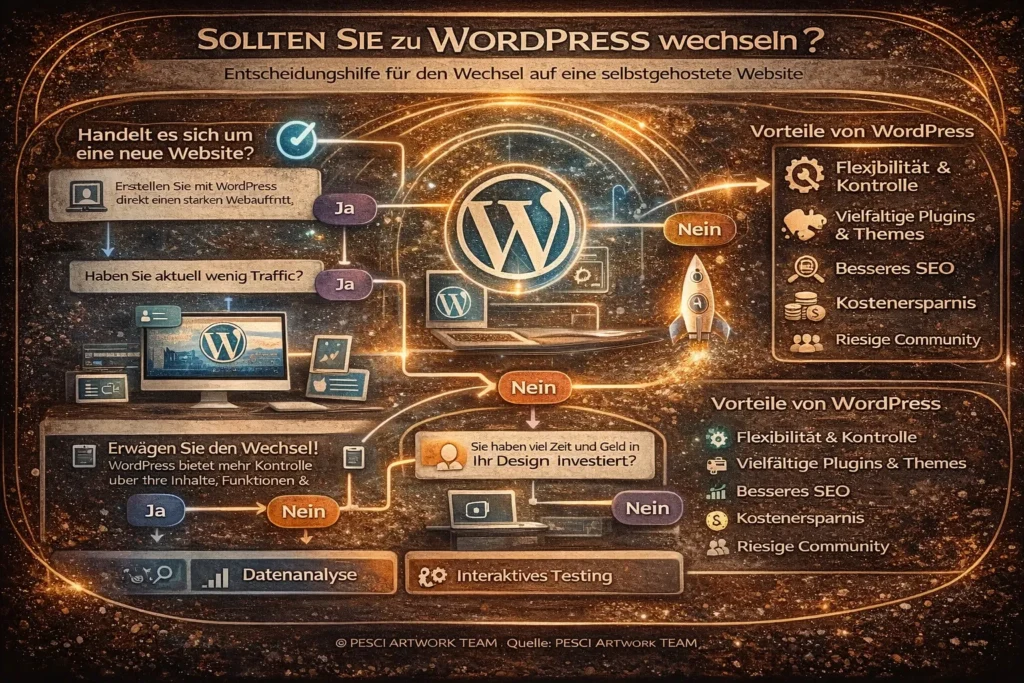 Darstellung einer Entscheidungshilfe für den Wechsel zu WordPress mit Fokus auf Flexibilität, SEO-Vorteile und Kontrolle über Inhalte