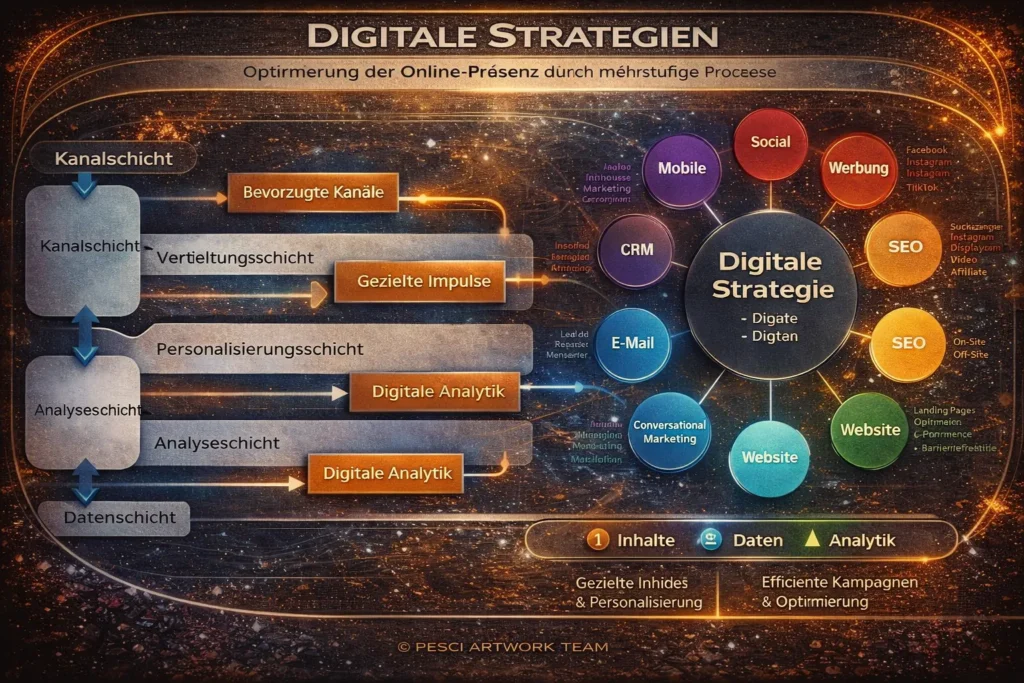 Darstellung einer mehrstufigen digitalen Strategie mit Kanalsteuerung, Daten- und Analyseebenen sowie integrierten Marketingkanälen