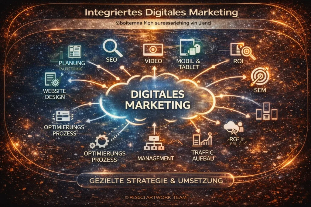 Darstellung eines integrierten digitalen Marketingansatzes mit kanalübergreifender Planung, Umsetzung und Optimierung