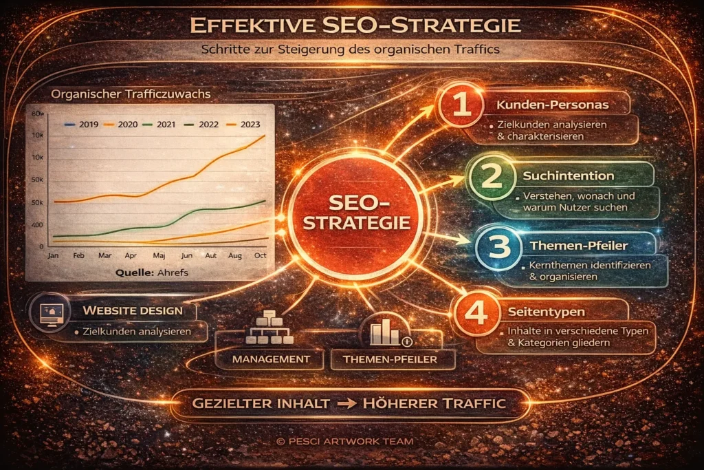 Darstellung einer effektiven SEO-Strategie mit Analyse von Zielgruppen, Suchintention, Content-Struktur und nachhaltigem Traffic-Wachstum