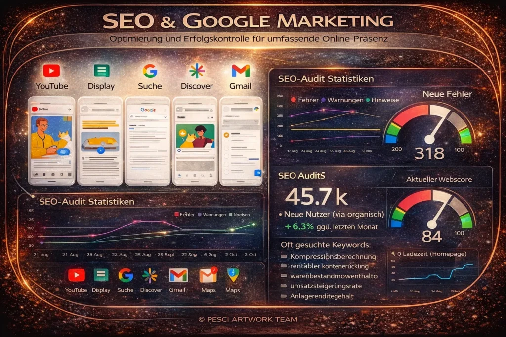 Darstellung von SEO- und Google-Marketing-Maßnahmen mit Audit-Statistiken, Webscore, Keyword-Analyse und kanalübergreifender Optimierung