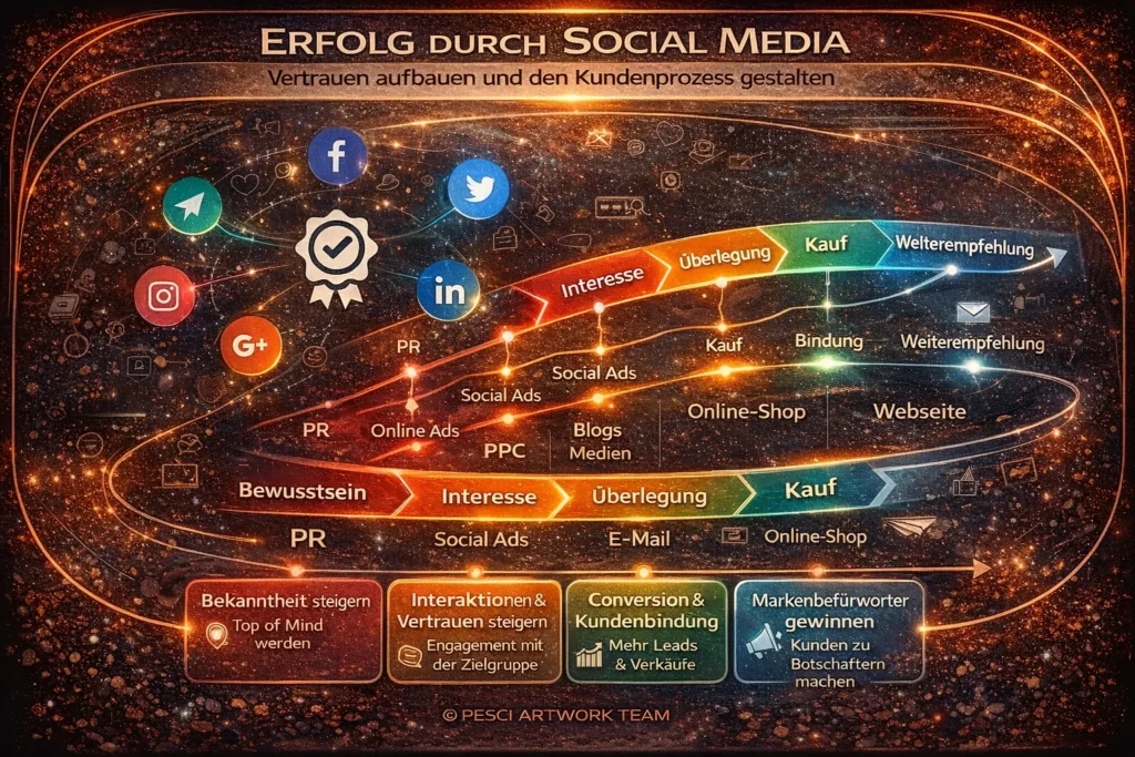Darstellung einer Social-Media-Strategie zur Steigerung von Bekanntheit, Vertrauen, Kundenbindung und Weiterempfehlungen entlang der Customer Journey