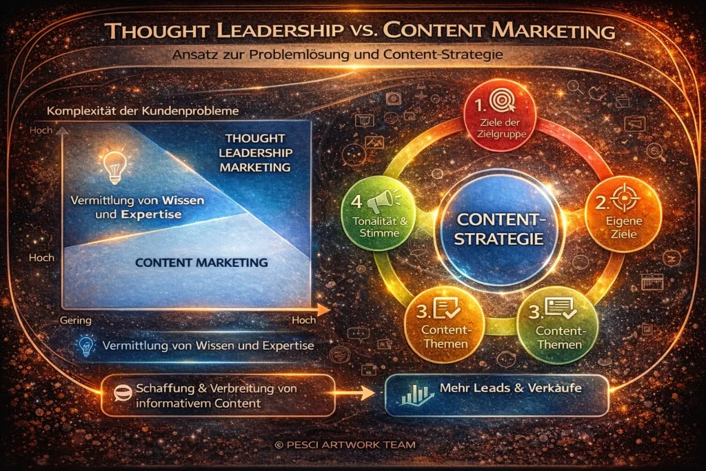 Darstellung der Unterschiede zwischen Thought Leadership und Content Marketing sowie der Entwicklung einer zielgerichteten Content-Strategie