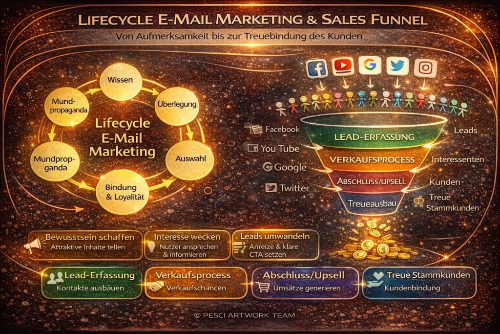 Darstellung eines E-Mail-Marketing-Lifecycles mit Sales Funnel von Aufmerksamkeit über Lead-Generierung bis zur langfristigen Kundenbindung
