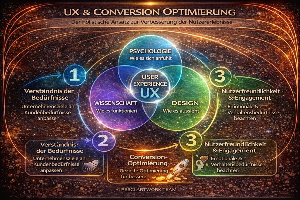 Darstellung eines ganzheitlichen UX- und Conversion-Optimierungsansatzes basierend auf Psychologie, Wissenschaft, Design und Nutzerfreundlichkeit