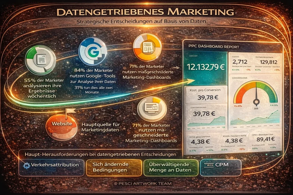 Darstellung von datengetriebenem Marketing mit Analyse-Statistiken, Marketing-Dashboards, Website-Daten und PPC-Reporting
