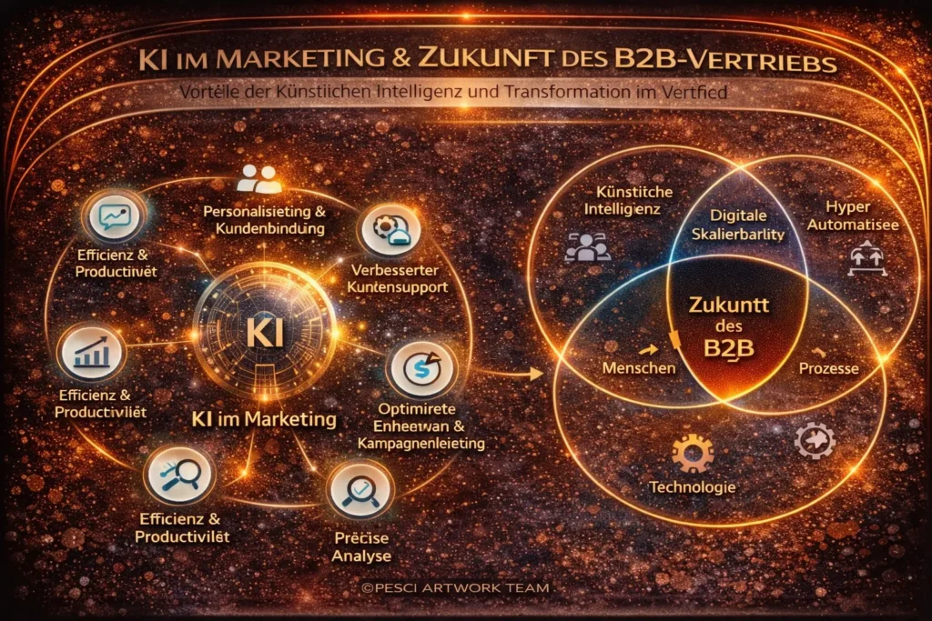 Darstellung der Rolle künstlicher Intelligenz im Marketing und der Transformation des B2B-Vertriebs durch Automatisierung, Analyse und Skalierbarkeit