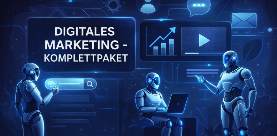 Konzeptionelle Darstellung von digitalem Marketing mit KI-Robotern, Datenanalyse-Dashboard, Wachstumsdiagrammen und einem digitalen Marketing-Komplettpaket