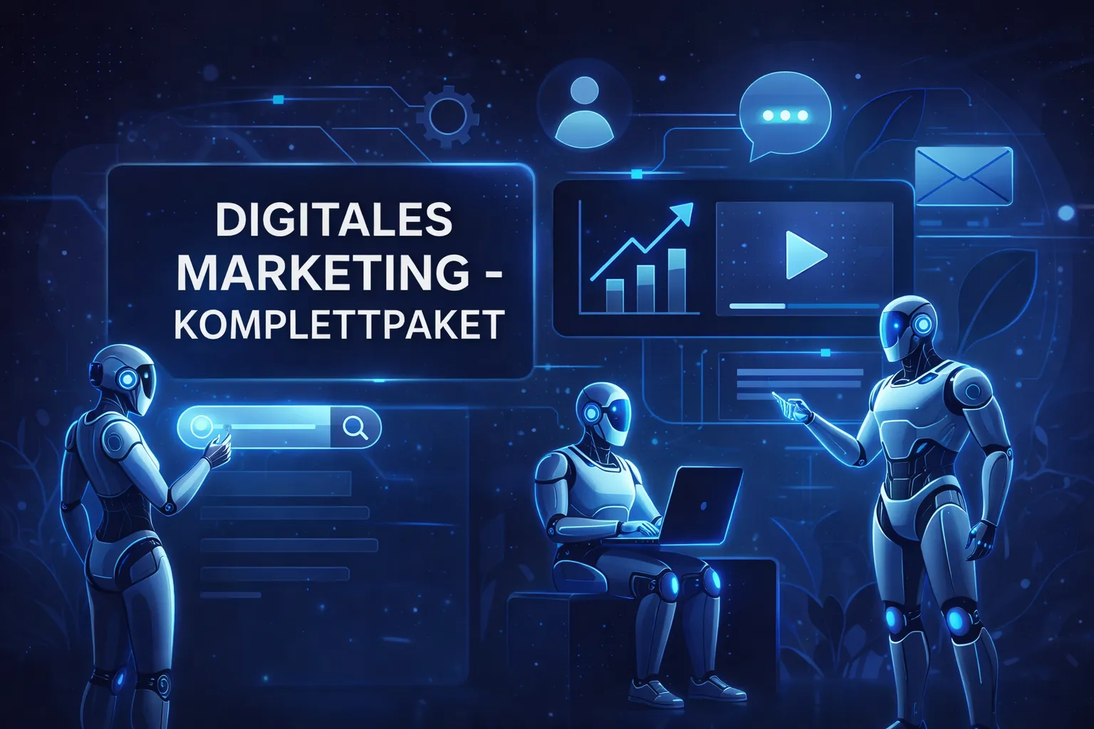 Konzeptionelle Darstellung von digitalem Marketing mit KI-Robotern, Datenanalyse-Dashboard, Wachstumsdiagrammen und einem digitalen Marketing-Komplettpaket