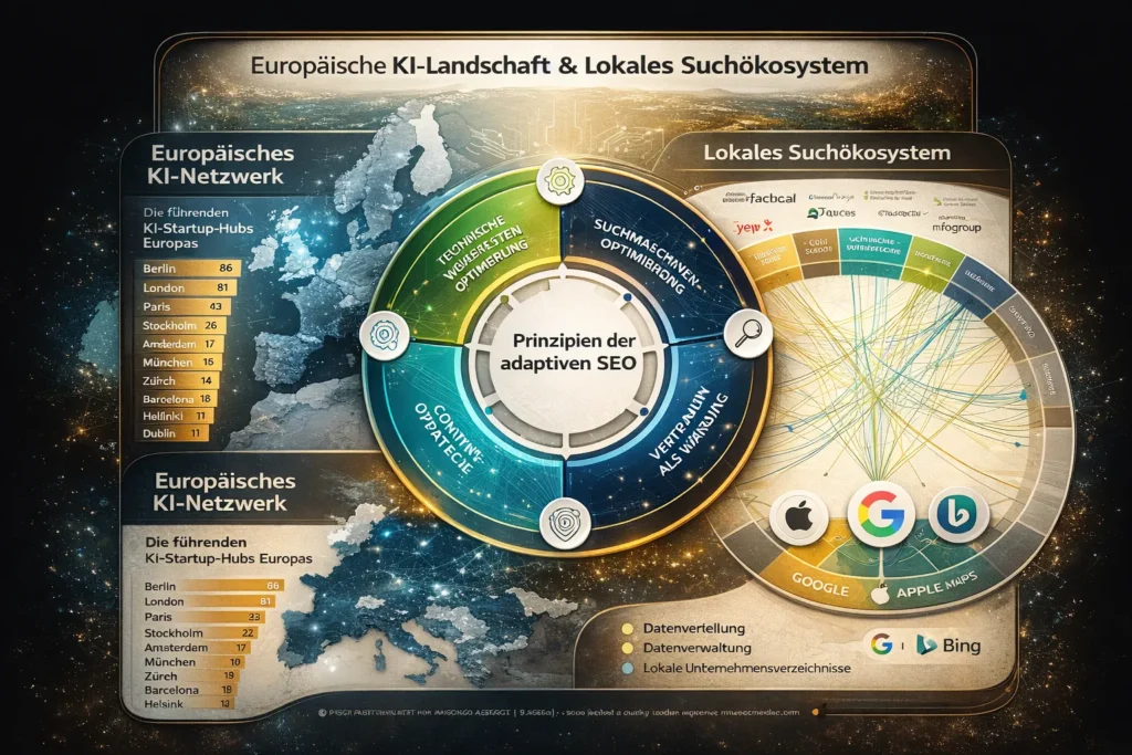 Infografik zur europäischen KI-Landschaft und zum lokalen Suchökosystem mit Prinzipien der adaptiven SEO
