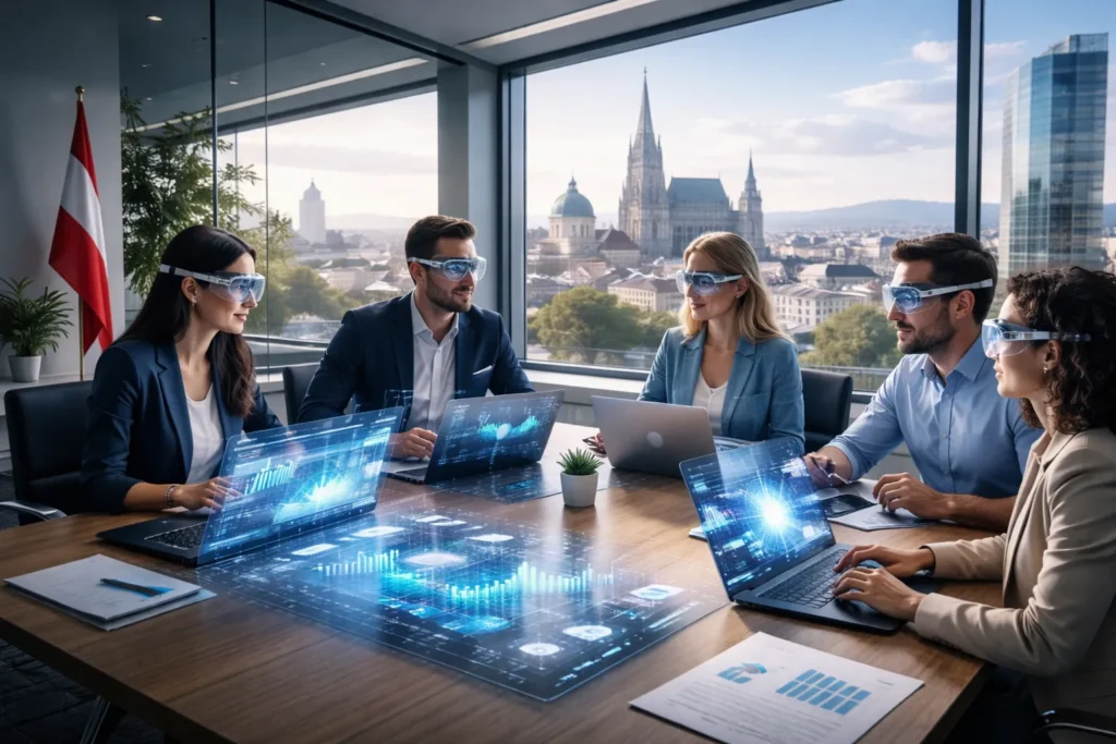 „Digitales Marketing in Österreich – Team analysiert Online-Strategien und Daten in einem modernen Büro