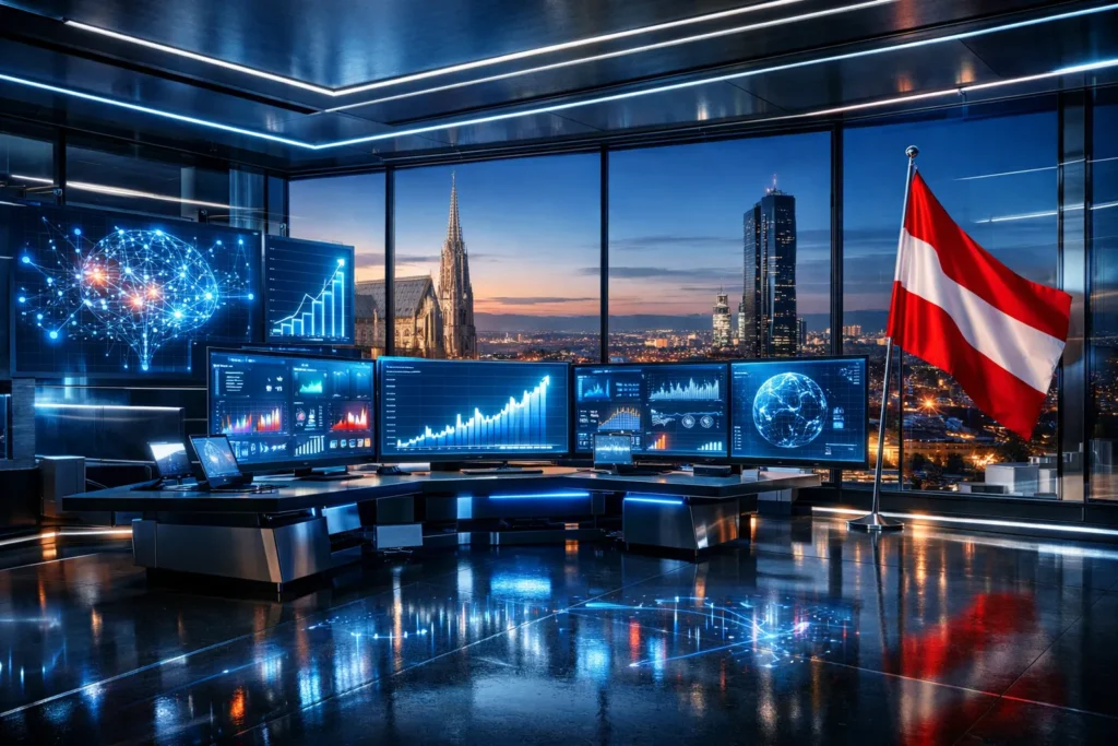 „Modernes Hightech-Büro mit mehreren Monitoren zur Datenanalyse und Finanzdiagrammen, Blick auf die Wiener Skyline bei Sonnenuntergang und österreichische Flagge im Raum.“