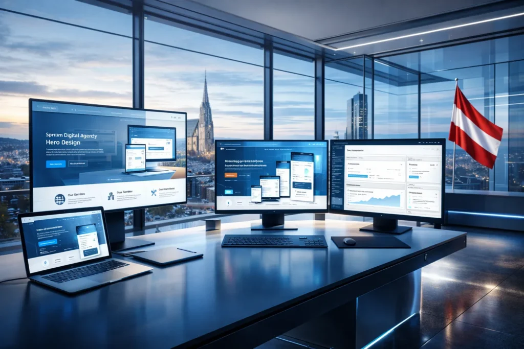 „Modernes Büro einer Digitalagentur mit mehreren Monitoren für Webdesign und Datenanalyse, Blick auf die Wiener Skyline und österreichische Flagge im Hintergrund.“