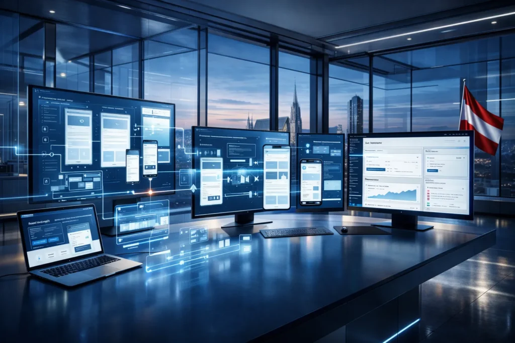 „Modernes Digitalbüro mit mehreren Monitoren zur Web- und App-Entwicklung, responsivem Design auf verschiedenen Geräten, Datenanalyse-Dashboards und Blick auf die Wiener Skyline mit österreichischer Flagge.“