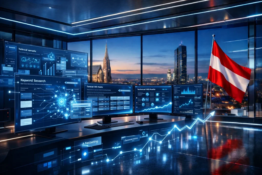„SEO- und Keyword-Analyse-Dashboard in einem digitalen Marketingbüro in Wien.“