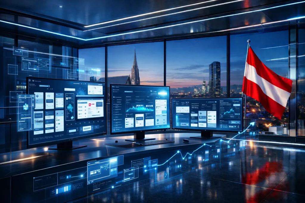 „Modernes UI/UX-Design-Studio mit mehreren Monitoren für Interface-Design, User-Experience-Optimierung und Prototyping, Blick auf die Wiener Skyline und österreichische Flagge.“