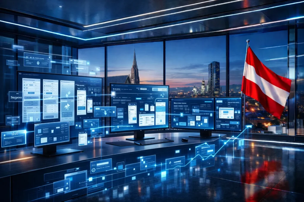 „Modernes UI/UX-Design-Studio mit mehreren Bildschirmen für Wireframing, Prototyping und Interface-Entwicklung, Blick auf die Wiener Skyline und österreichische Flagge.“