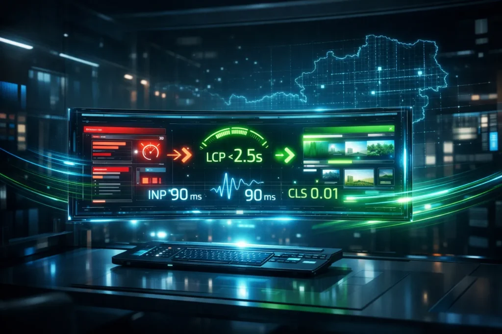 „Pagespeed-Optimierung und Core-Web-Vitals-Analyse für schnelle Websites in Österreich mit Fokus auf LCP, INP und CLS.“