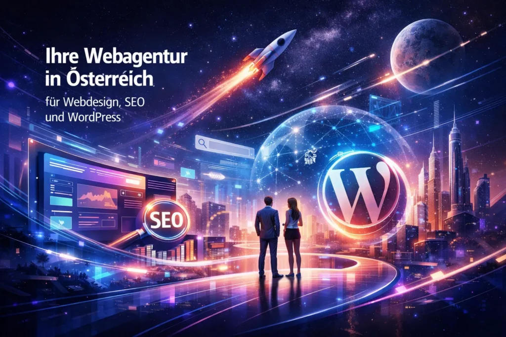 Webagentur in Österreich für Webdesign, SEO und WordPress – modernes digitales Marketing mit futuristischem Designkonzept