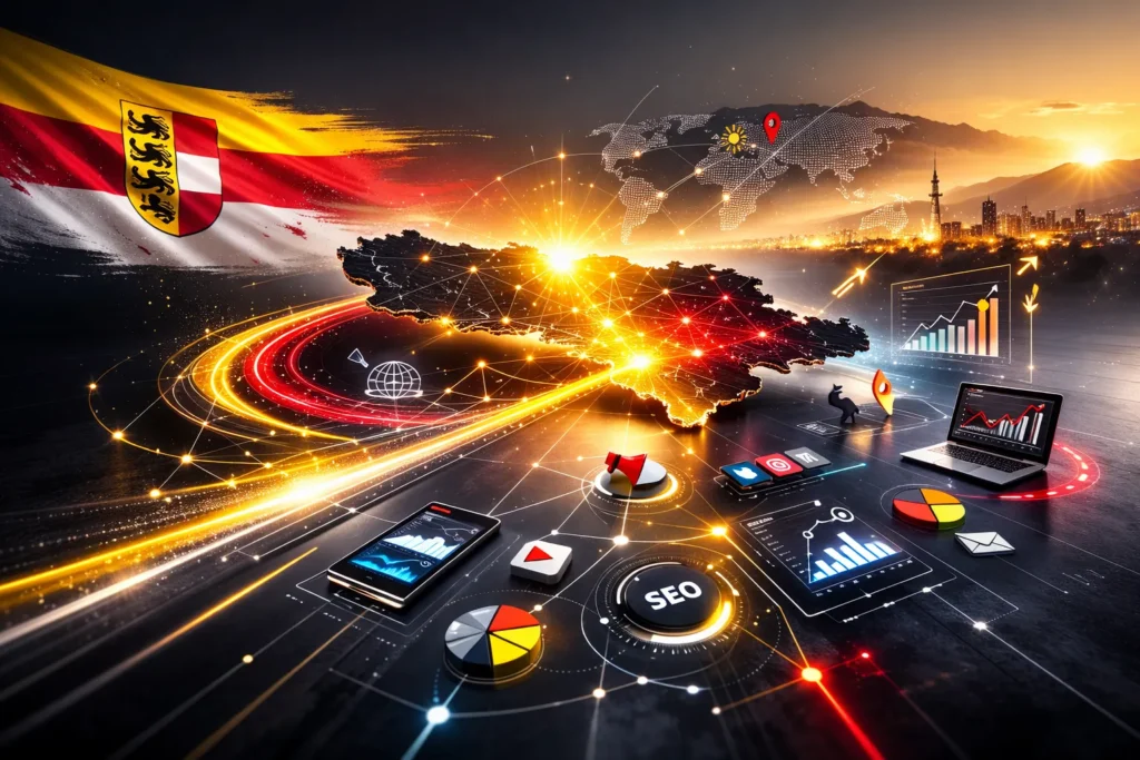 Digitale Marketing-Visualisierung mit Österreich-Fokus: Vernetzte Daten, SEO-Analysen und Performance-Dashboards über einer stilisierten Kärnten-Karte.