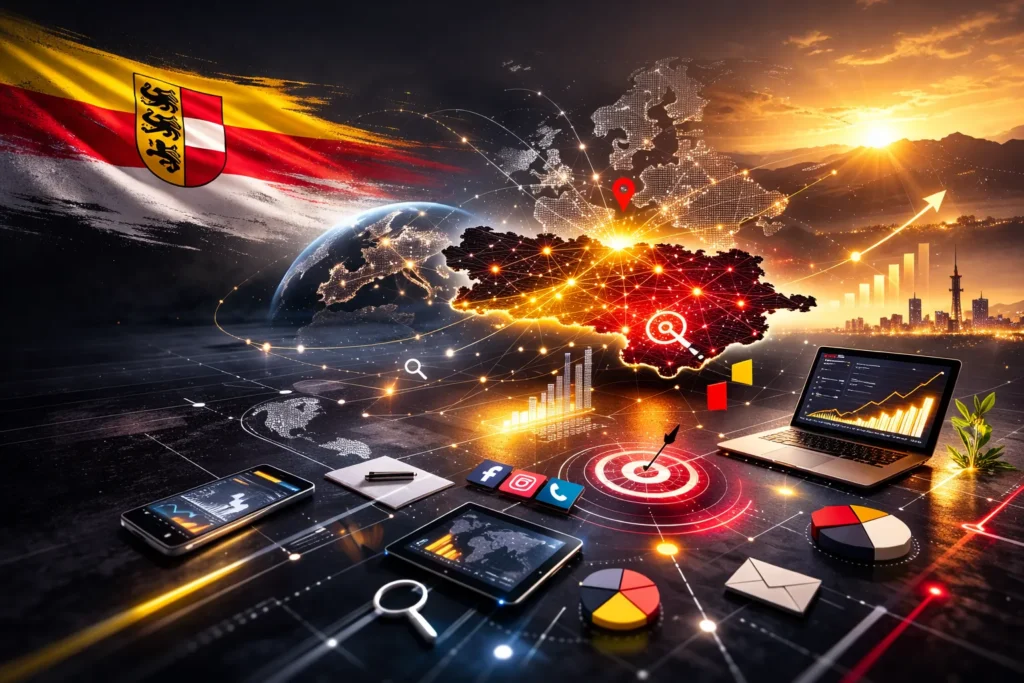 Digitale Marketing-Strategie mit Fokus auf Kärnten: Vernetzte SEO-Daten, Social-Media-Signale und Performance-Analysen in einer globalen Online-Landschaft.