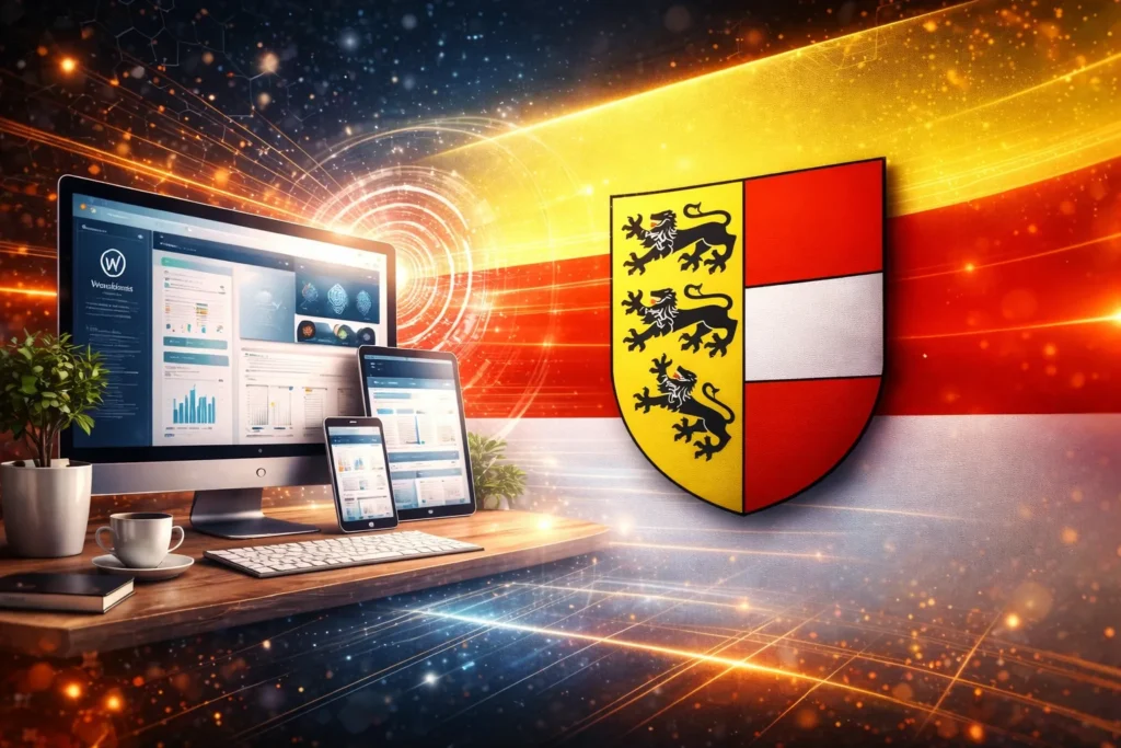 Modernes WordPress Webdesign Setup mit Monitor, Tablet und Smartphone vor futuristischem Hintergrund in Kärnten-Farben