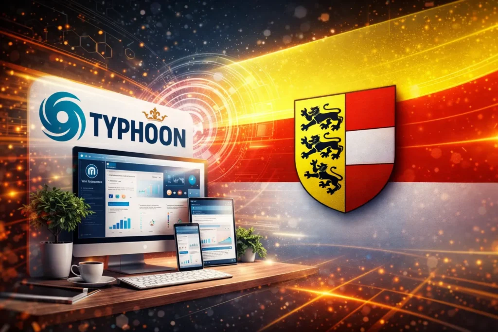 Modernes WordPress Webdesign Setup mit Typhoon Logo und Kärnten-Flagge im futuristischen Digital-Workspace
