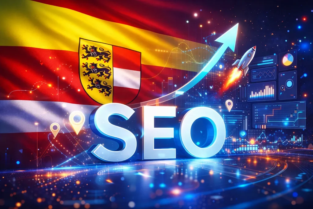 SEO Visualisierung mit Kärntner Flagge, Wachstumspfeil und Datenanalyse für digitale Sichtbarkeit in Kärnten