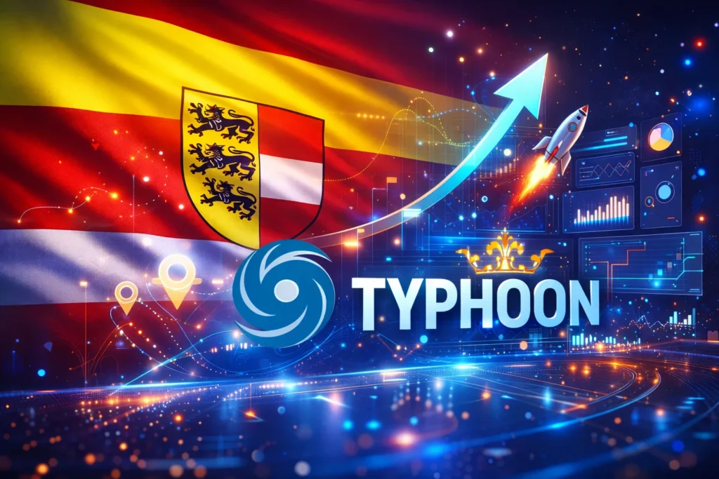 Futuristische SEO Visualisierung mit Typhoon Logo und Kärntner Flagge für digitale Sichtbarkeit in Kärnten