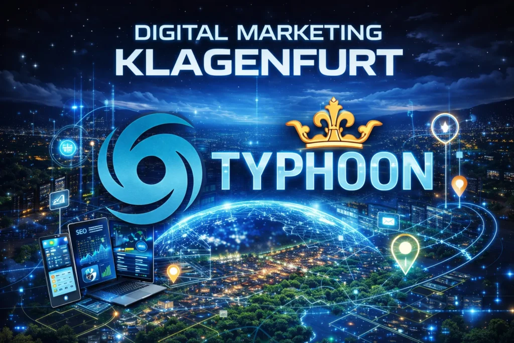 Typhoon Logo mit futuristischer Digital-Marketing-Visualisierung über Klagenfurt mit SEO-Daten, Analyse-Dashboards und vernetzter Technologie