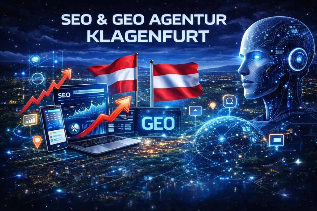SEO & GEO Agentur Klagenfurt Visualisierung mit AI-Technologie, Datenanalyse und digitalem Wachstum über der Stadt Klagenfurt