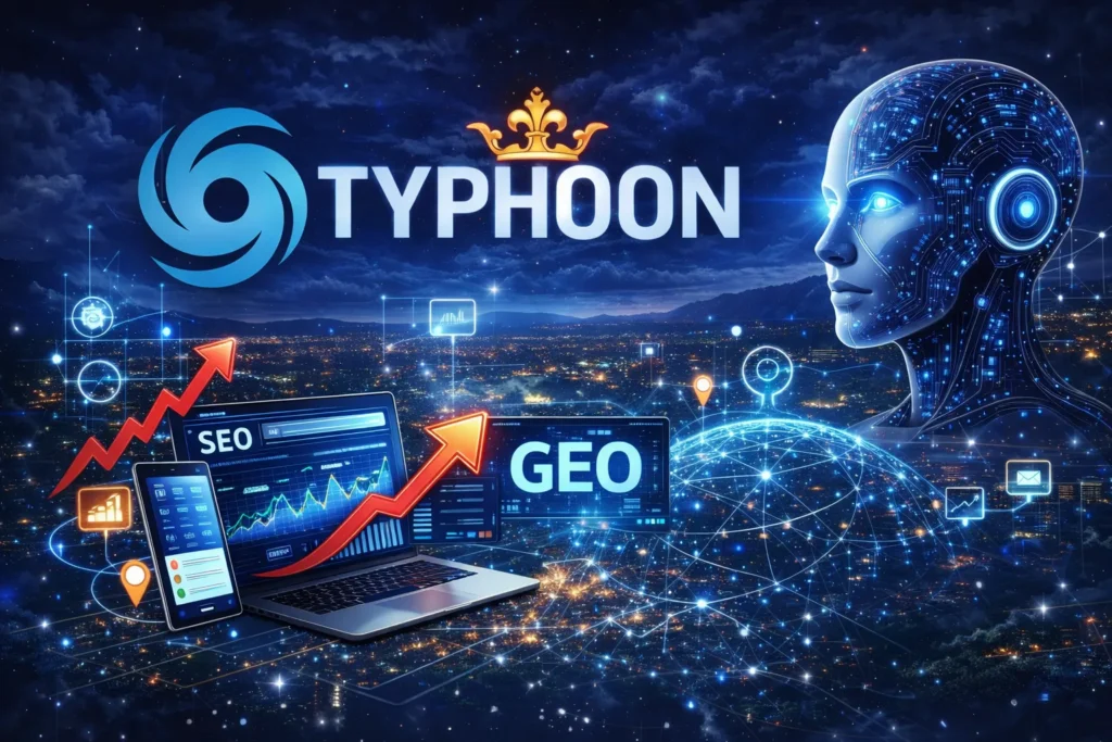 Typhoon SEO & GEO Visualisierung mit AI-Technologie, Datenanalyse und digitalem Wachstum für Suchmaschinen und KI-Suche