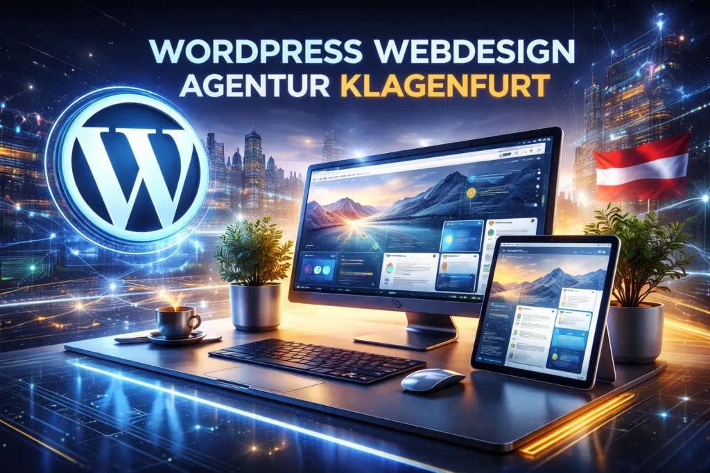 WordPress Webdesign Klagenfurt Visualisierung mit modernen Geräten, Website-Interface und digitaler Technologie für professionelle Unternehmenswebsites